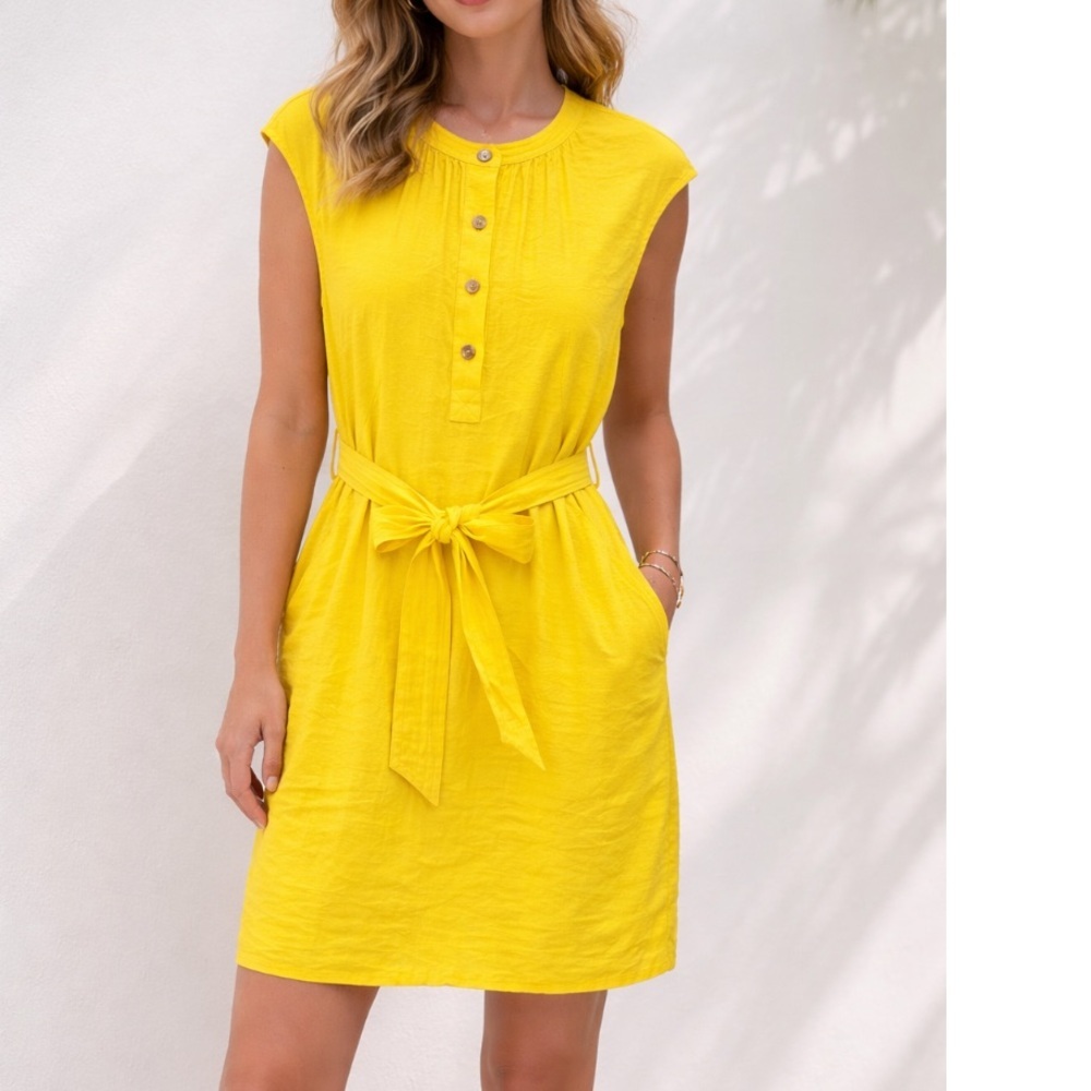 a loves a yellow belted dress sleeveless mini bow
